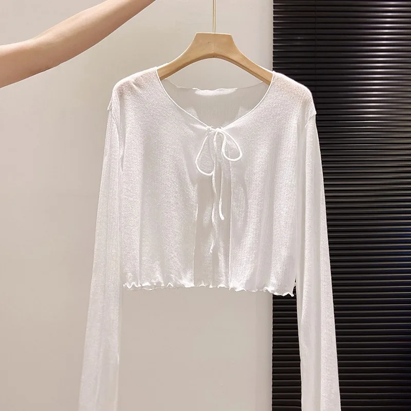 A Long-sleeved and Short-sleeved Women's Summer Slimming Cardigan with Black Fungus Trim Sun Protection StrapsThin Little Coat