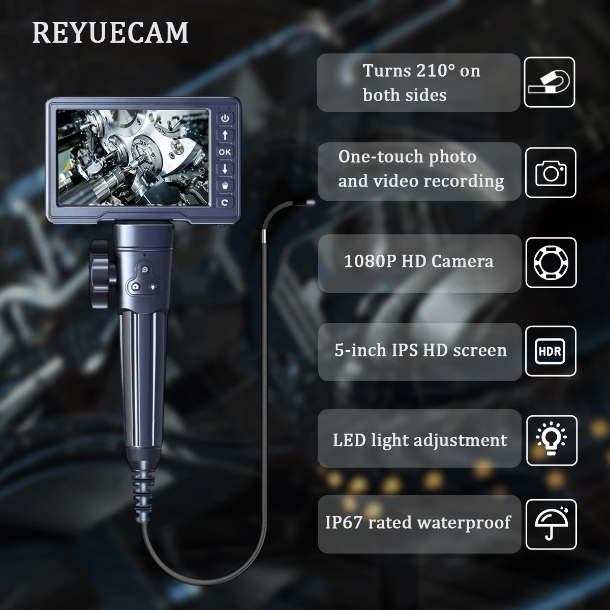 REYUECAM 5.5mm Two-Way 210° Articulating Borescope with 5 \