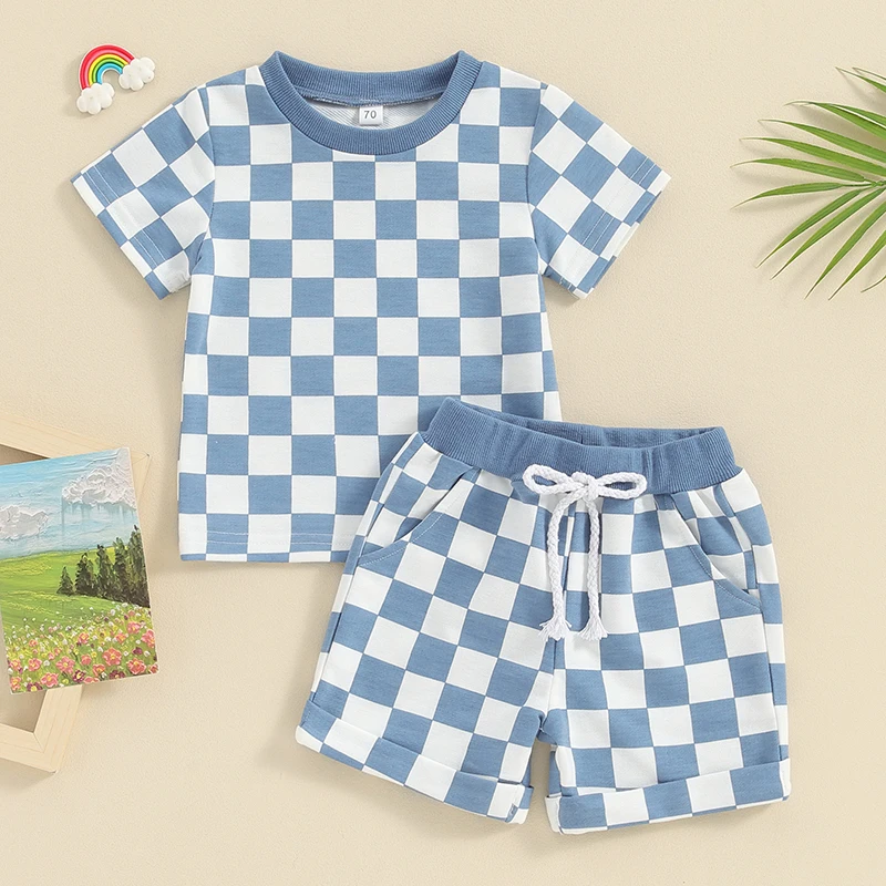 2023-12-19 Lioraitiin 0-3Y Toddler Baby Girl Summer Short Outfit Checkered Plaid Short Sleeve T-shirt Drawstring Shorts Set