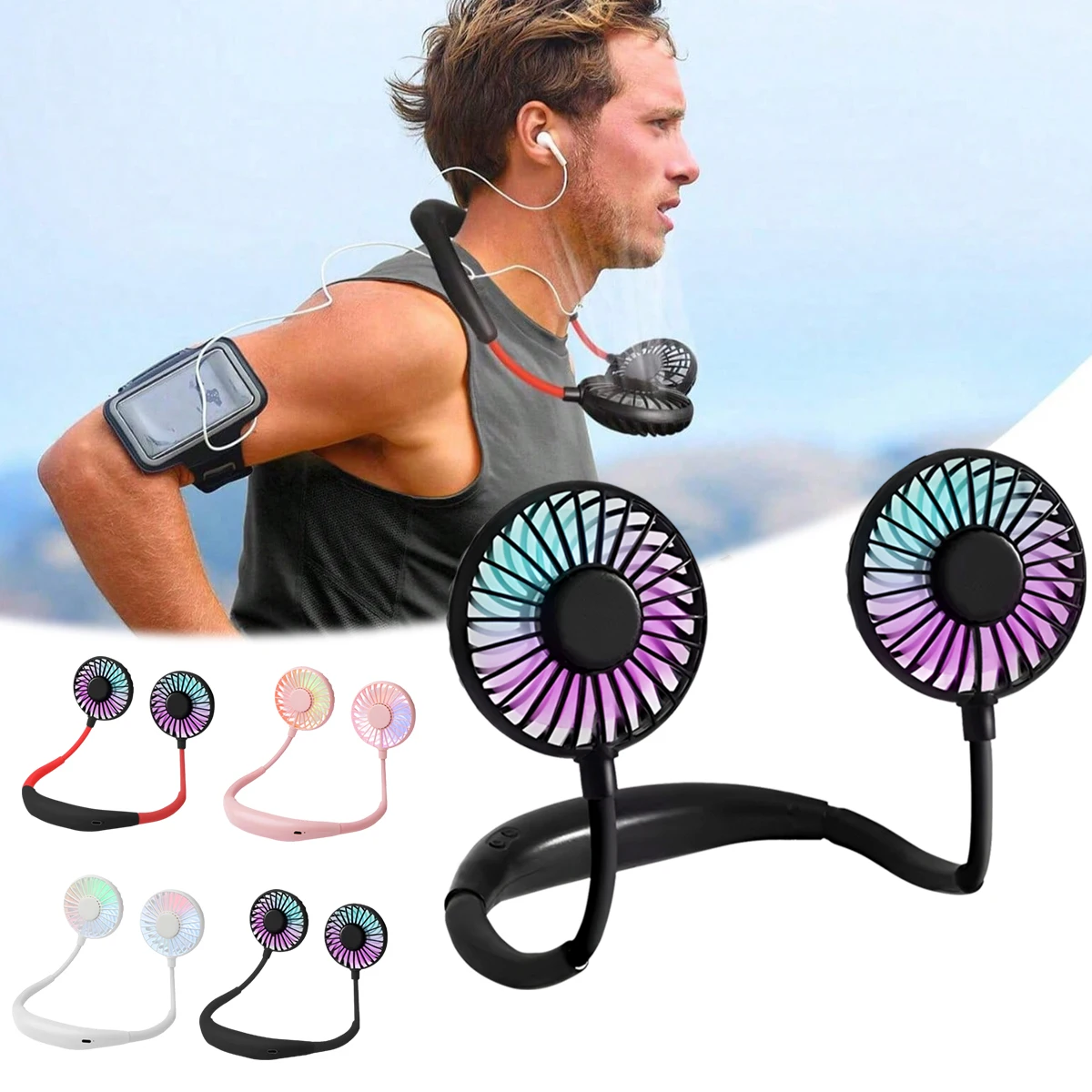 Usb recarregável mini esportes 3 velocidades ajustável pescoço ventilador duplo casa escritório ao ar livre viagem portátil pendurado pescoço ventilador