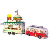 City Retro Street View Building Blocks Hamburg Car Ice Cream Truck School Bus Creative Model With Lights Bricks Toys