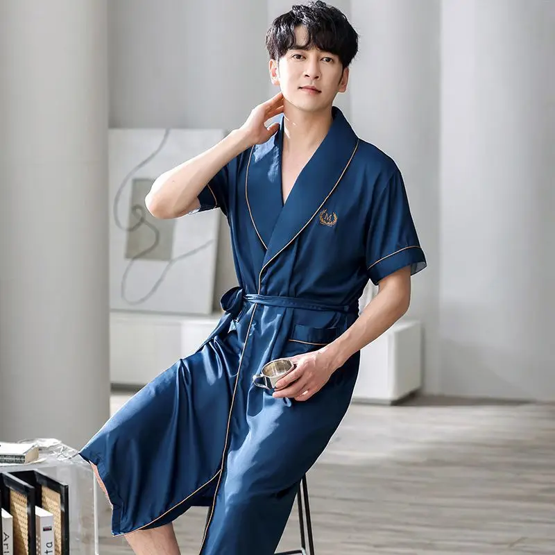 Hot Summer Plus Size Short Sleeve Ice Silk Satin Robes for Men Korean Loose Sleepwear Bathrobe Male Homewear Lounge Home Clothes view 2