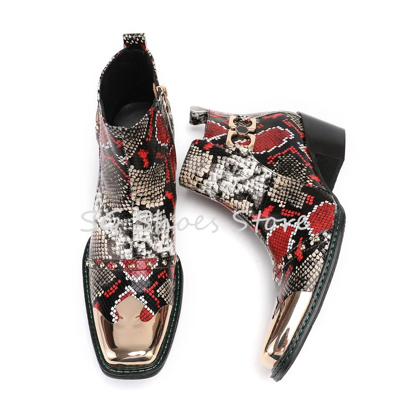 الذكور الأحذية الجلدية فستان الحفلات أحذية مختلط اللون جلد الثعبان نمط تشيلسي الأحذية للرجال المعادن أشار تو حذاء بكعب مكتنز