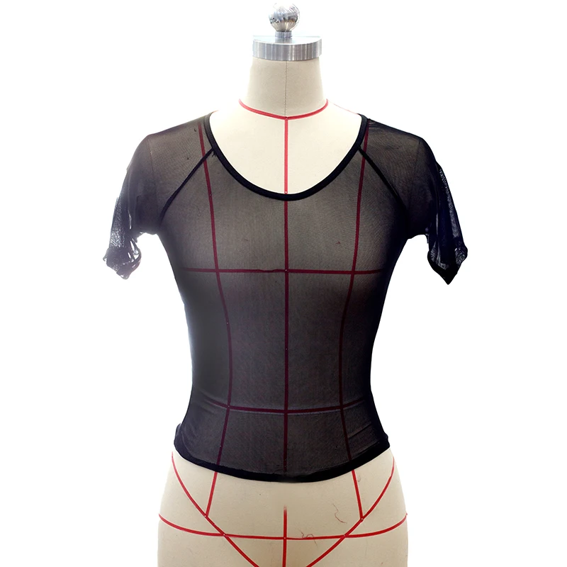 New Summer Women's Round Neck Short-Sleeved Elastic Mesh Tight T-Shirt Tops Transparent Crop Top Nightclub Solid Female T-shirts