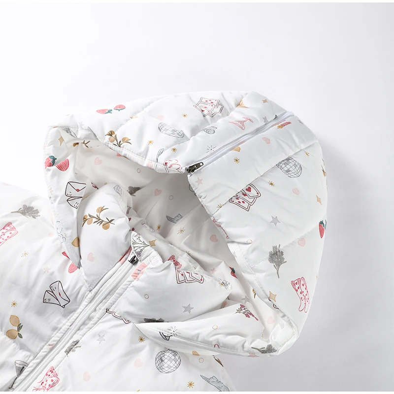Women's Floral Print Hooded Puffer Jacket with Bow Decor Cute Oversized Winter Warm Coat Loose Casual Feminine Outerwear Fashion