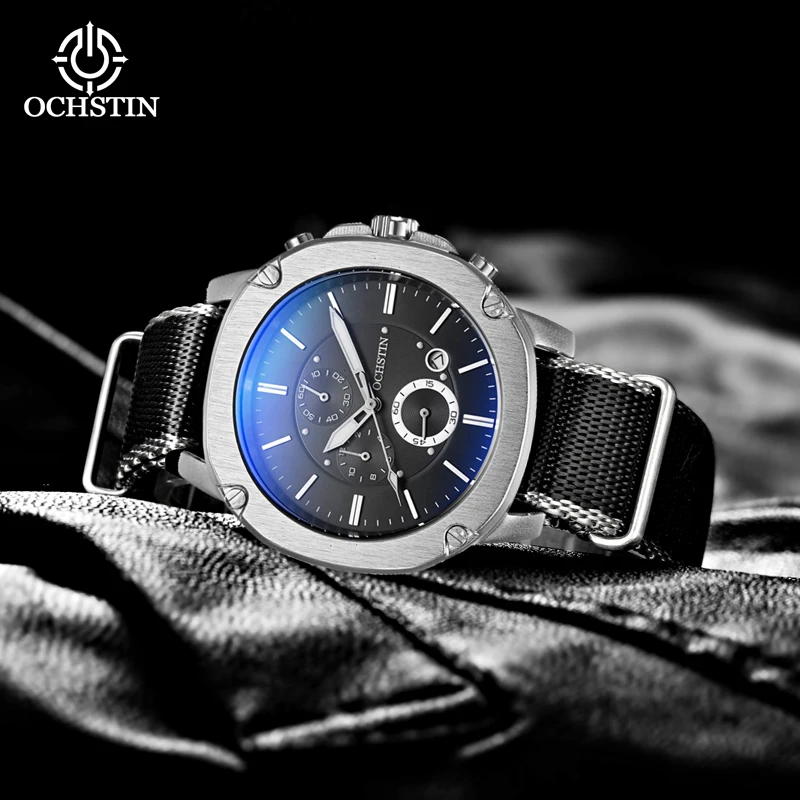 

OCHSTIN Mens Analog Quartz Watch Multi Dial Chronograph Stopwatch Date Luminous Waterproof Sport Tactical Male Clock Nylon Strap