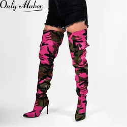 Onlymaker Womens Mixed Colors  CamouflageOver The Knee Boots Thin Heel Pointy Colorful Print  Thigh High Boots