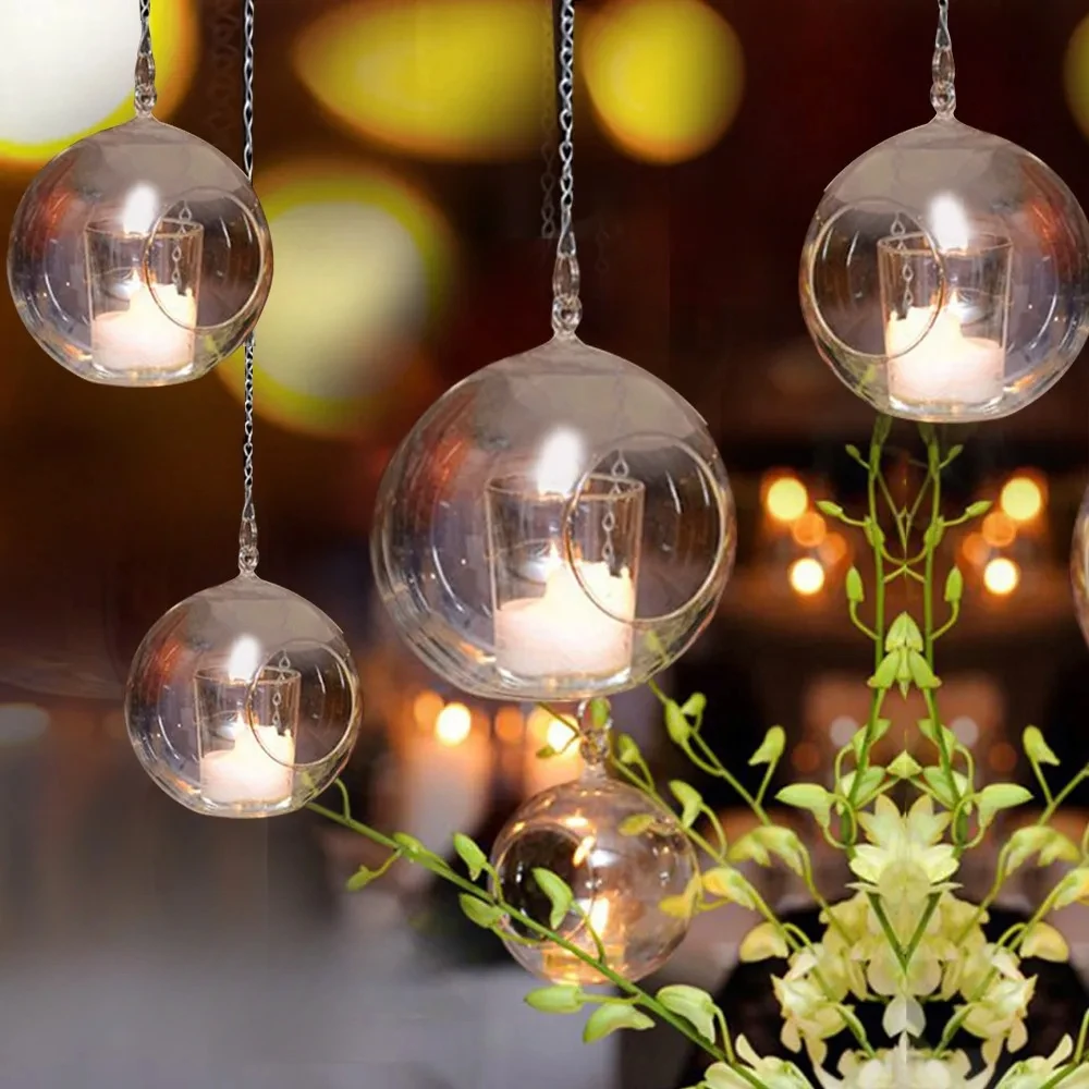 8/12cm Glass Candle Holder Hanging Tealight 6/8/10/12cm Globes Terrarium Wedding Candle Candlestick Vase Home Bar Decor