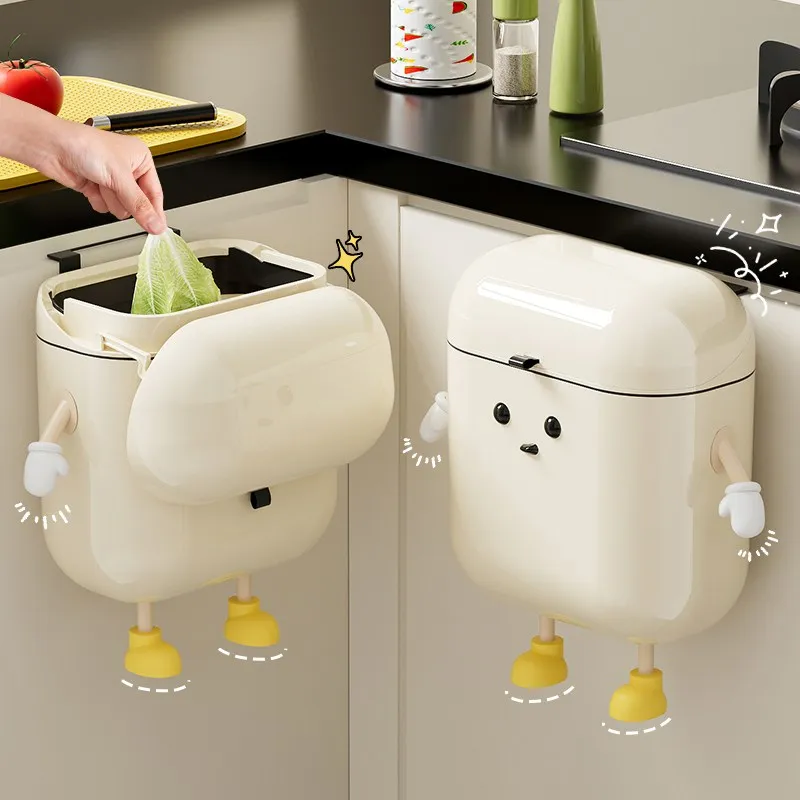 12L Wall Mounted Trash Can Kitchen Recycle Bin Bathroom Cartoon Hanging Trash Can with Lid Food Garbage Bin Kitchen Accessories