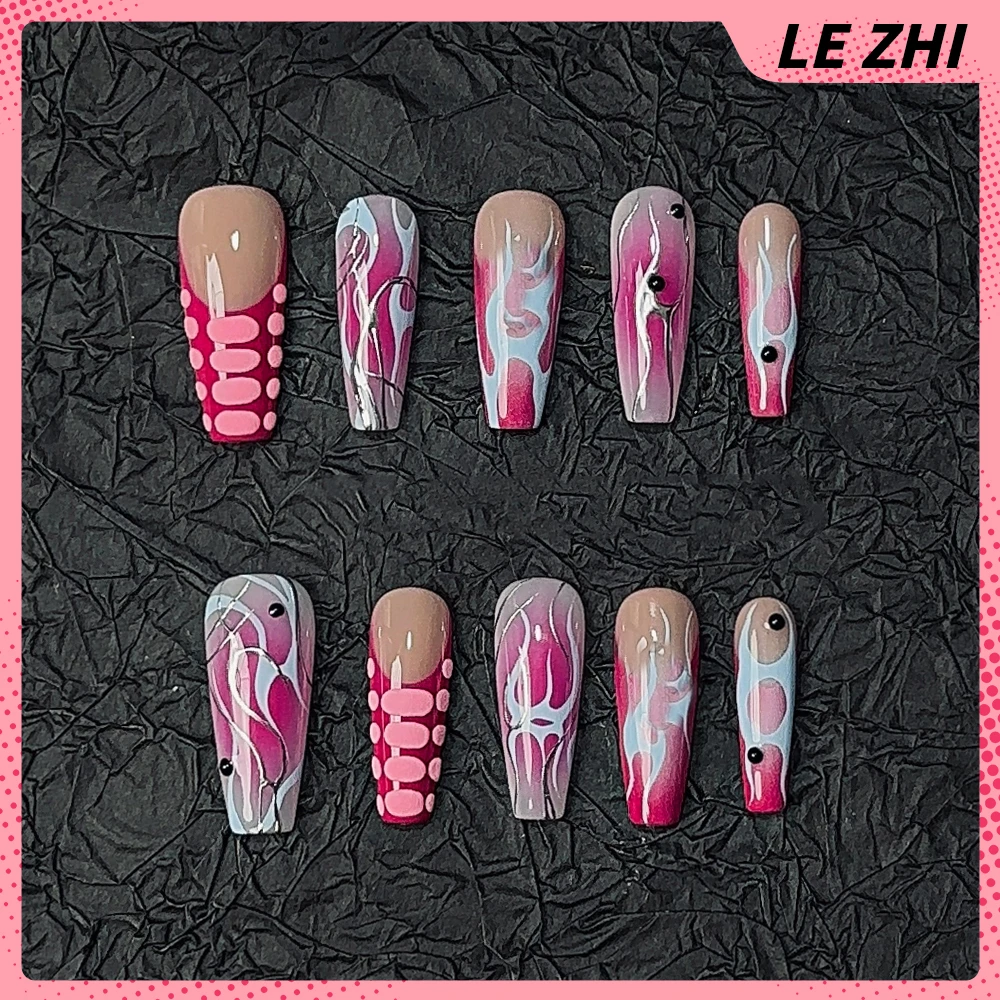 10Pcs Y2K Dark Wind Handmade Nail Party Sticker Metal Punk Diamond Leopard Print Long Coffin Stiletto Detachable Fake Nails Tips