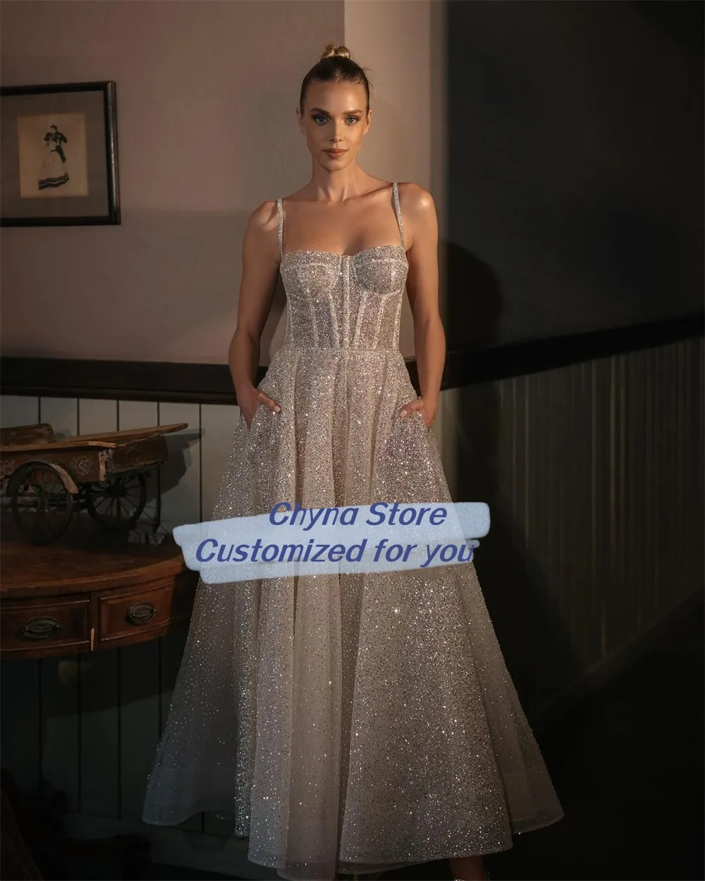 Sexy Riemen Korsett A-Linie Knöchel Cocktail Ball Kleid Organza Metallic Pailletten formelle Abendkleid Erwachsenen Abschluss feier