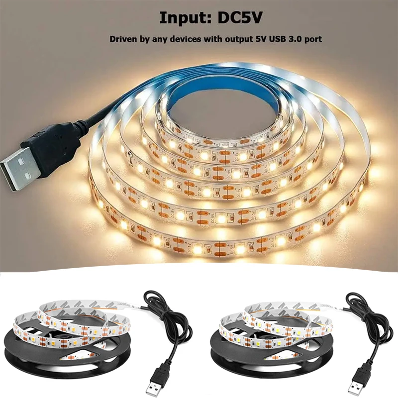 Luzes de tira led para tv inteligente usb 5v led fita luz 2835 branco quente luzes led tira para decoração do quarto tv fundo