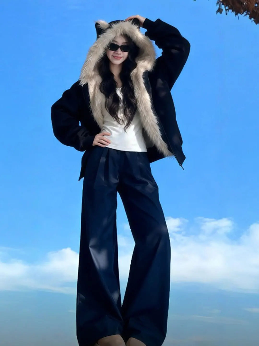 

Korean Sle ort Hooded Bla Cotton Jaet Faionable Trendy Spring Outerwear Cact Size Commute Friendly Zipper Closure