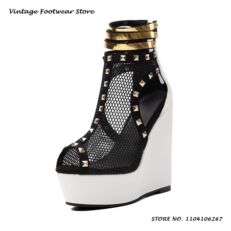 Rivet Fishnet Platform Wedges Sandals Patchwork Peep Toe Cover Heel Party Evening Shoes Fashion Women's Back Zipper High Heels