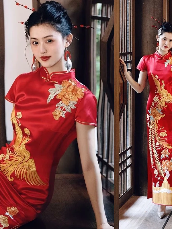 

Ele Red Chinese Sle Wedding Dr Long High Slit ort Sve Embroidered Silk Traditional Bridesmaid Gown