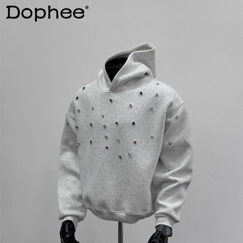 

Men's 2025 Spring Autumn New Hoodies American Style Trend Hooded Colorful Diamond Design Chic Sweatshirts Men's Solid Color Tops