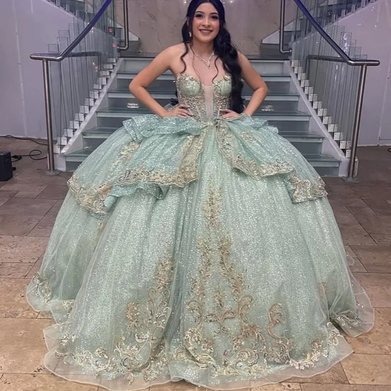 

Customized Shiny Mint Green Quinceanera Dresses Off the Shoulder Tull sequin applique layering Lace Vestido De 15 Quinceanera