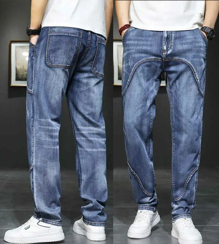 Summer Lightweight Breathable Jeans For Men Straight Leg Loose Elastic Patchwork Light Blue Denim Trousers