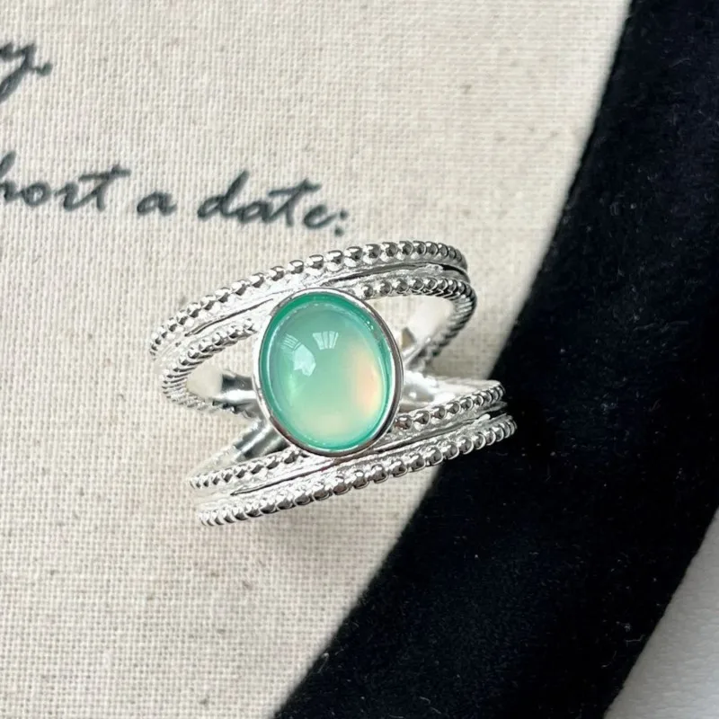 PANJBJ – bague œil de chat en argent Sterling 925, couleur menthe, Double couche, Texture ajourée, bijoux Ins, cadeau de fête, vente en gros