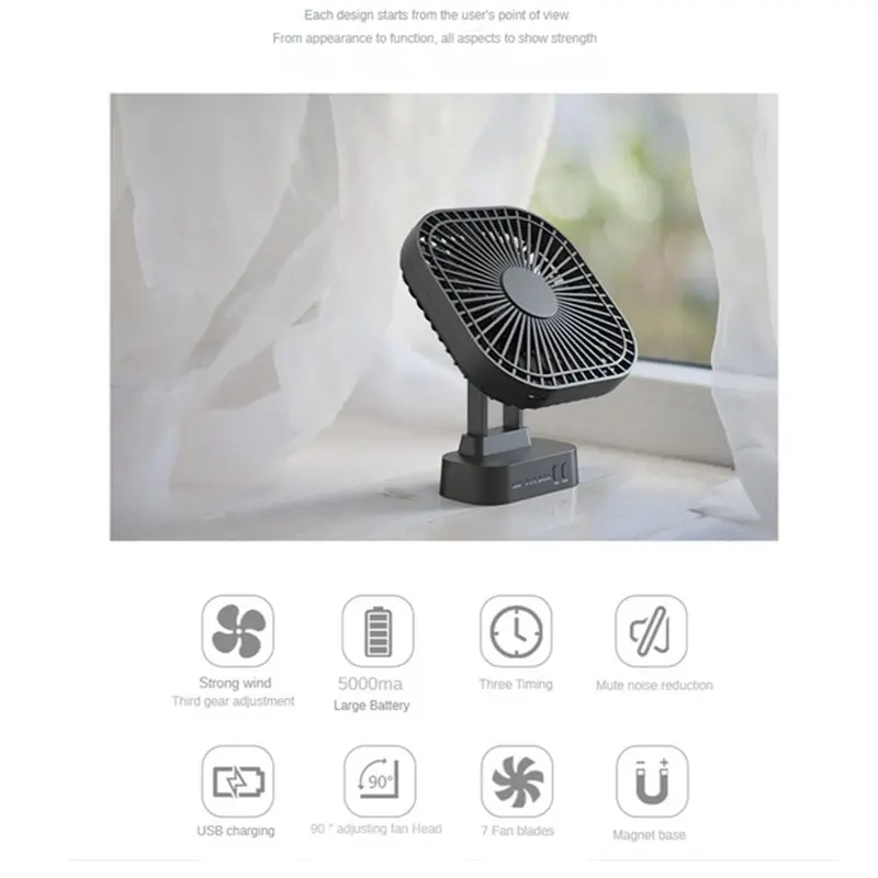 A14M 90° Folding Fan 5000MAh Battery USB Timing Cooling Fan Air Circulators Magnet Absorption Silent 3-Speed Strong Wind
