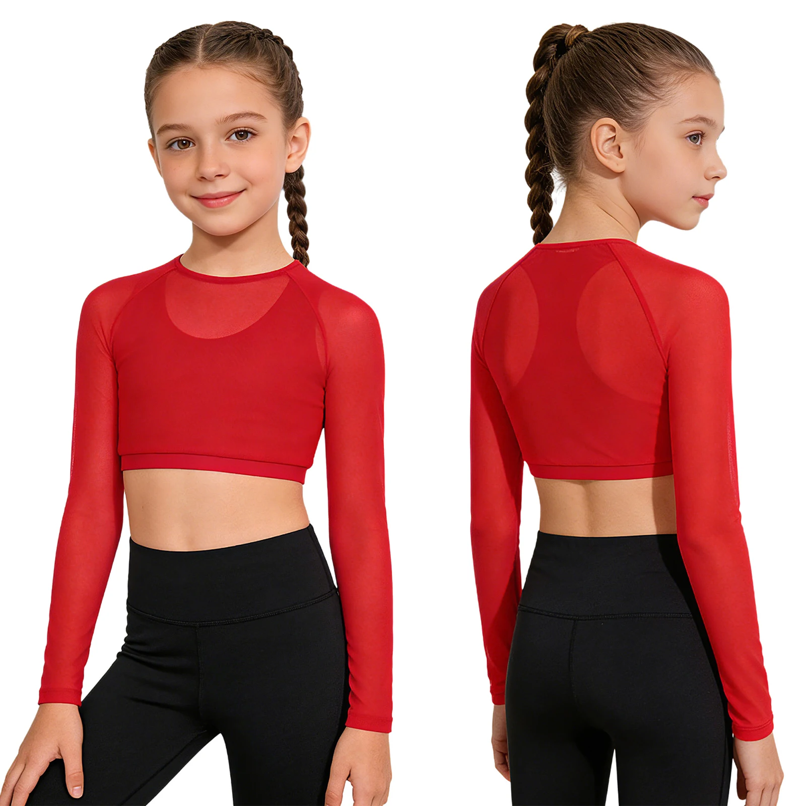 

Kids Girls Hip Hop Jazz Dance Sports Tops Long Sleeve Mesh Crop Top with Built-in Vest for Gym Yoga Workout Running Streetwear