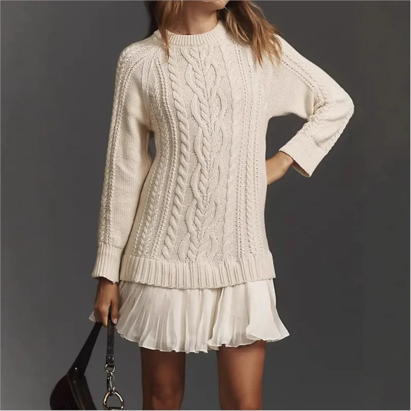 

Autumn Winter Patchwork Sweater Dress Women Fashion O Neck Ruffle Spliced Chiffon Pleated Dress Retro Long Sleeve Mini Dress