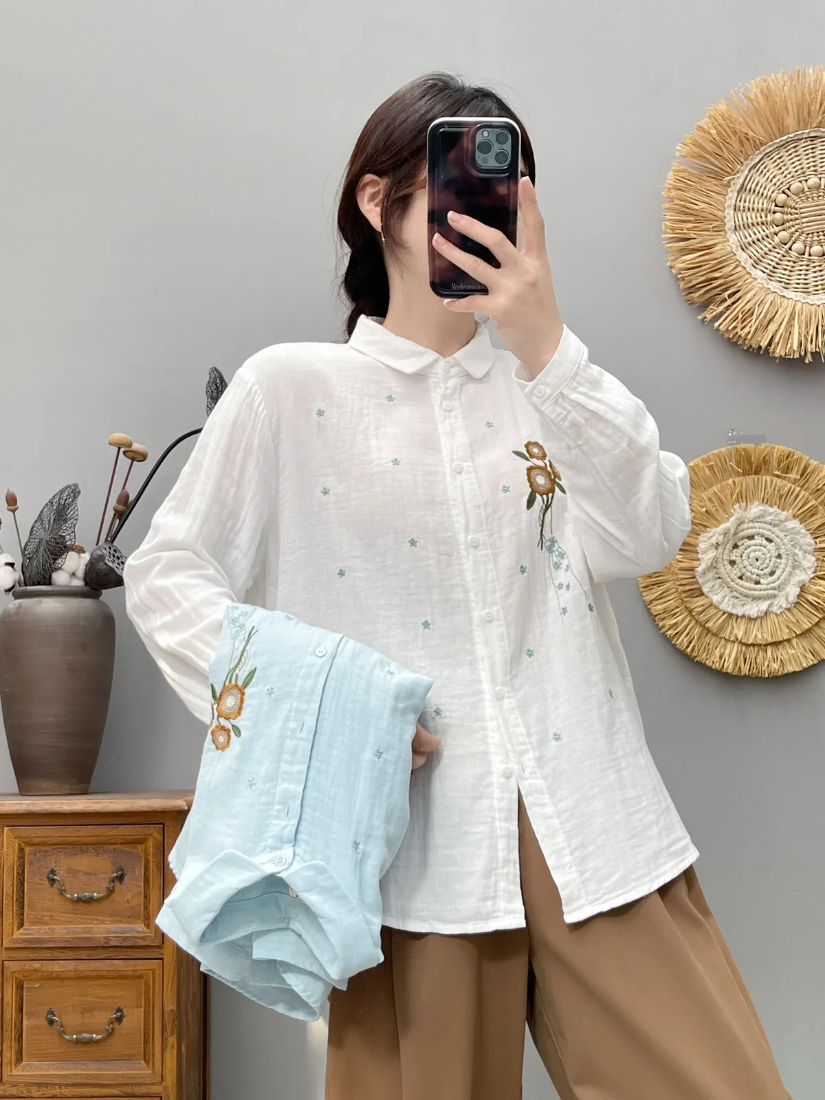 100% Cotton Yarn Shirts Women Autumn Spring Floral Embroidery Blouses Long Sleeve Lady Tops Plus Size Women Clothing