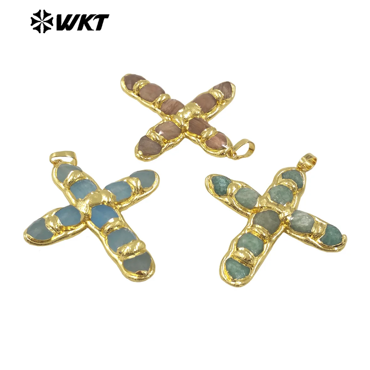 

WT-P2005 Natural Amozonite Pink Quartz Colored Stone Paved 18K Gold Plated Cross Pendant 5PCS Wholesale Jewelry Accessory
