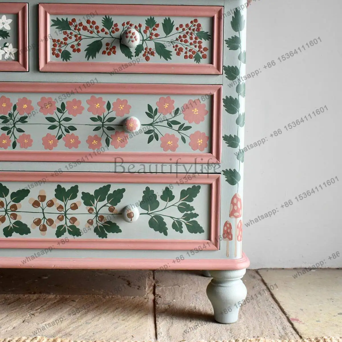 LD French retro floral painted four-chest cabinet pink white drawer bedside table