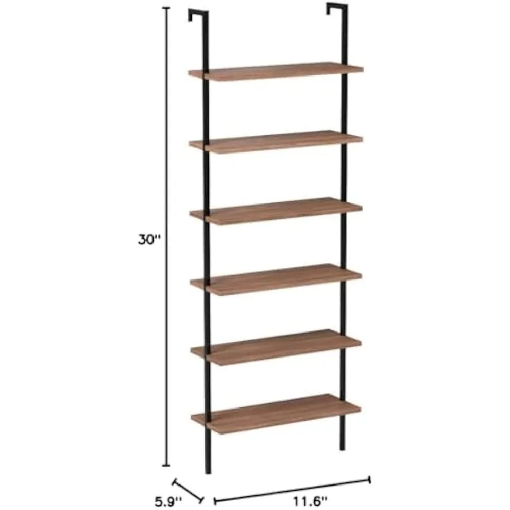 6 tall bookcases, wall-mounted bookshelves, recycled wood and industrial metal frame, oak/black