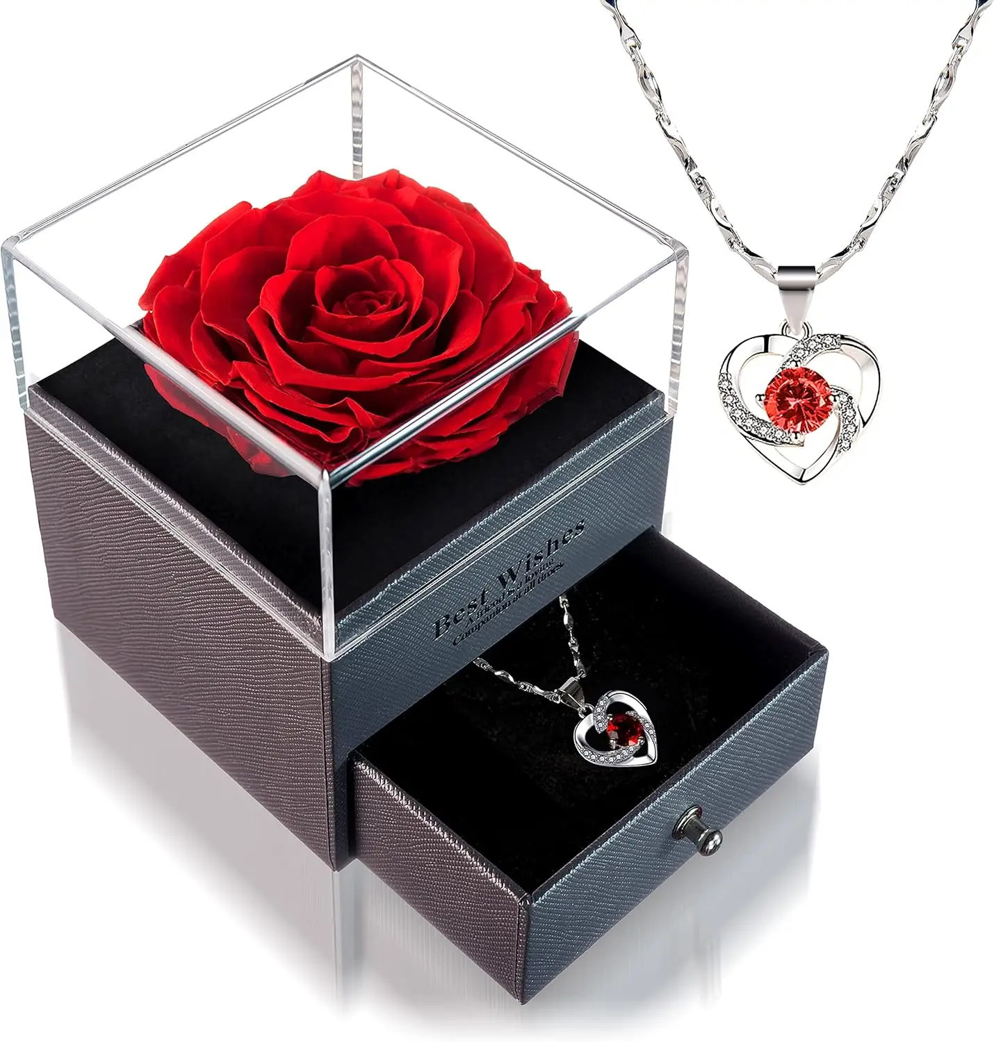 Eternal Enchanted Preserved Rose with Necklace - Infinity Rose in Love Box - Made from Real Fresh Beauty Rose - Romantic Gifts