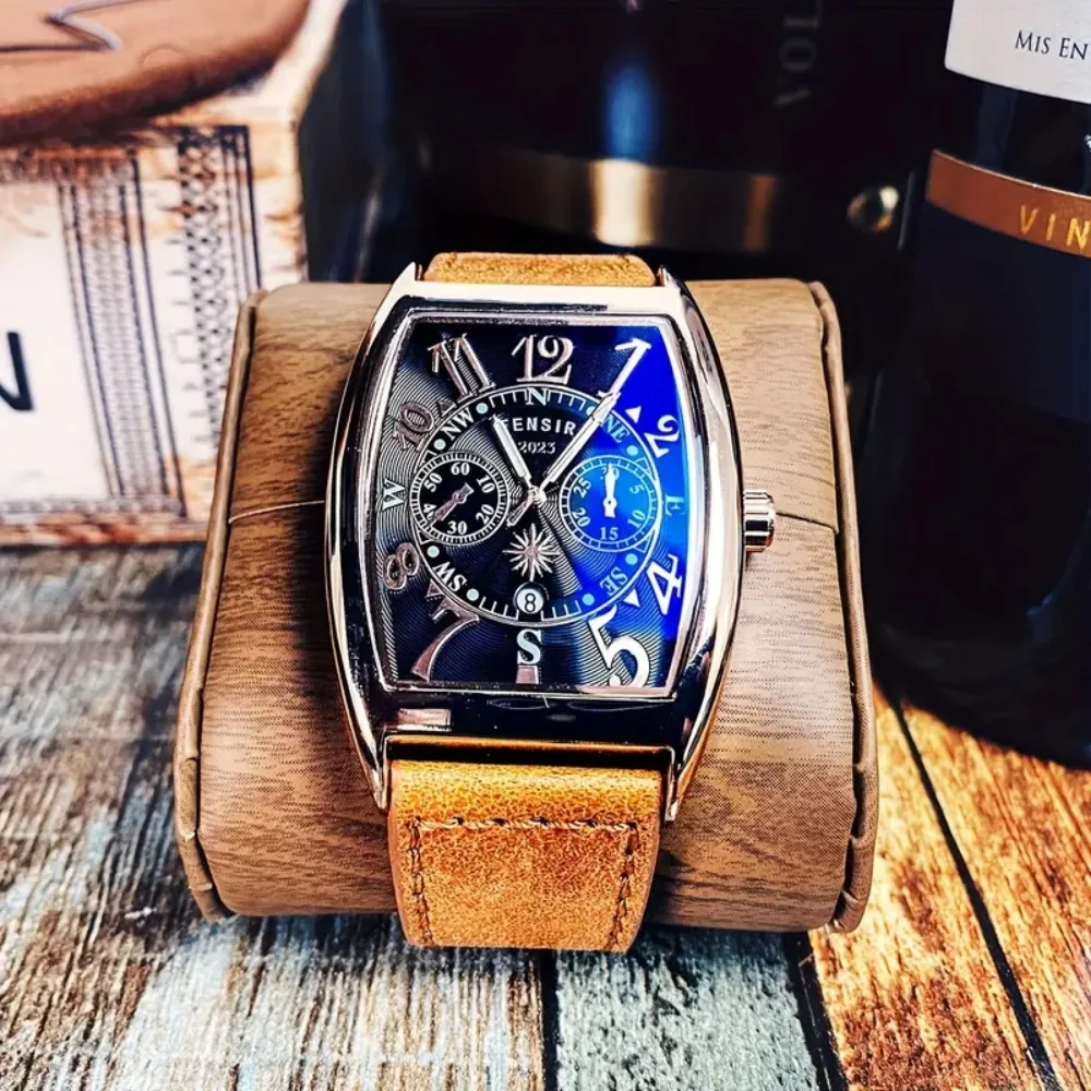 New High-End, Light Luxury, and Elegant Men's Quartz Watch, Barrel-Shaped Design - with Date Display, Leather Strap - Fashionable Accessory, Exquisite Gift, European, American, Japanese, and Korean Style, the Best Gift for Him