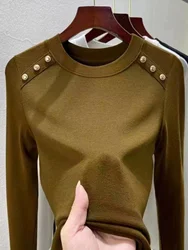 Double-Sided Velvet Pullover Sweater Elegant Gold Button O-Neck Long Sleeved Top Women's Autumn Winter Warm Slim Bottoming shir