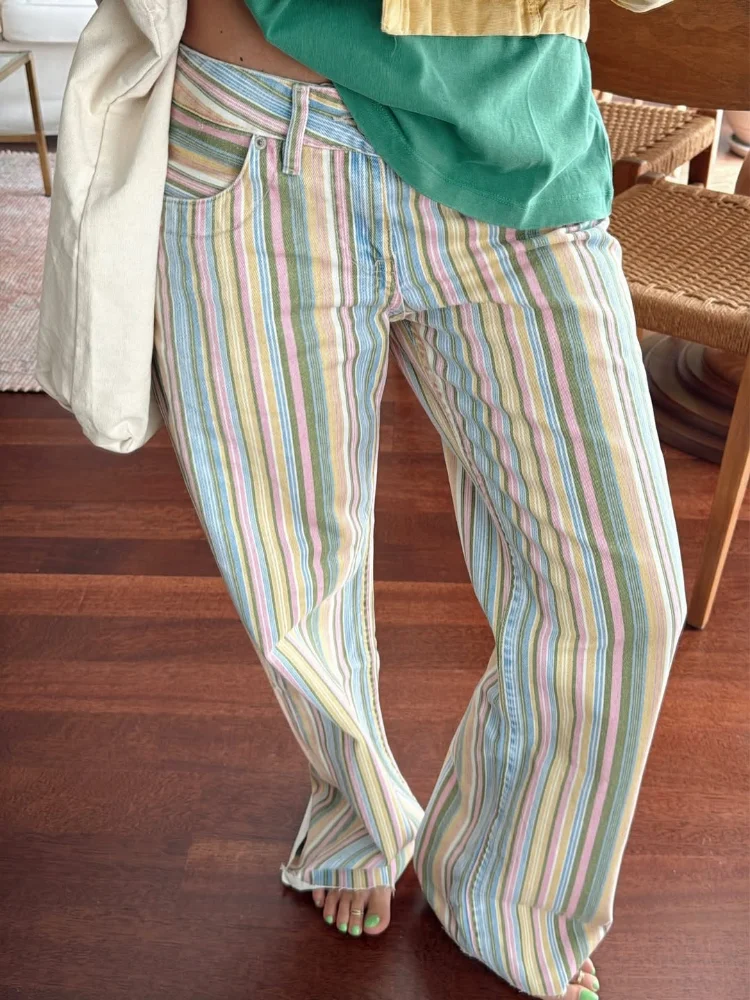 Fashion Casual Bottom Color Striped Flared Jeans Middle Waist Side Pockets Wide Leg Multi-Color Vertical Striped Denim Trousers