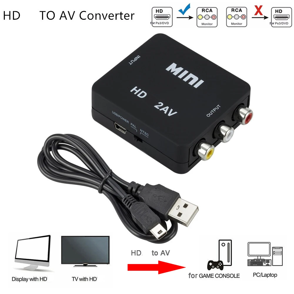 HDMI-compatible TO AV RCA CVSB L/R Video 1080P Scaler Adapter Converter Box HD Video Composite Adapter Support NTSC PAL Output