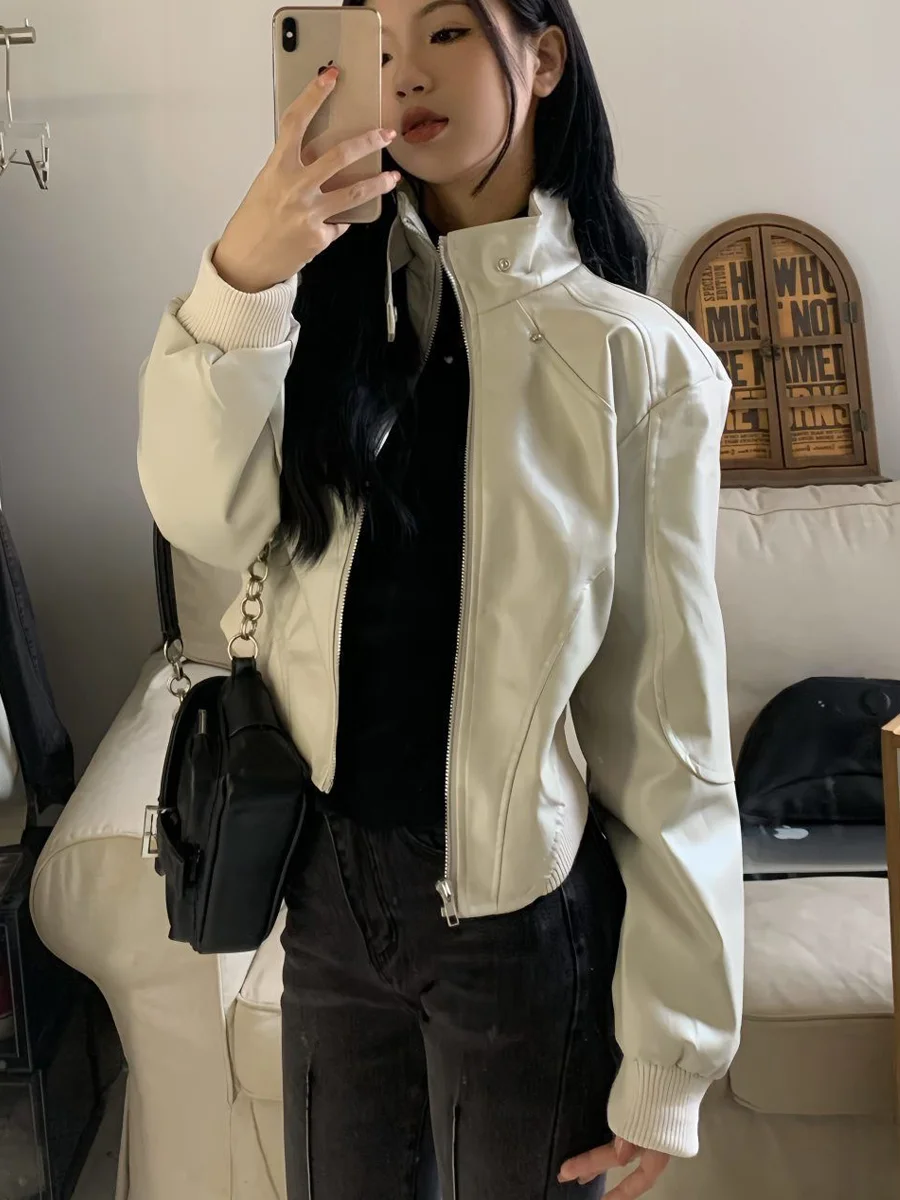 Cool Motorcycle PU Leather Jaet Women's Faion Slim Fit ort Asymmetrical High-End Feelings Autumn New Sle Top irt