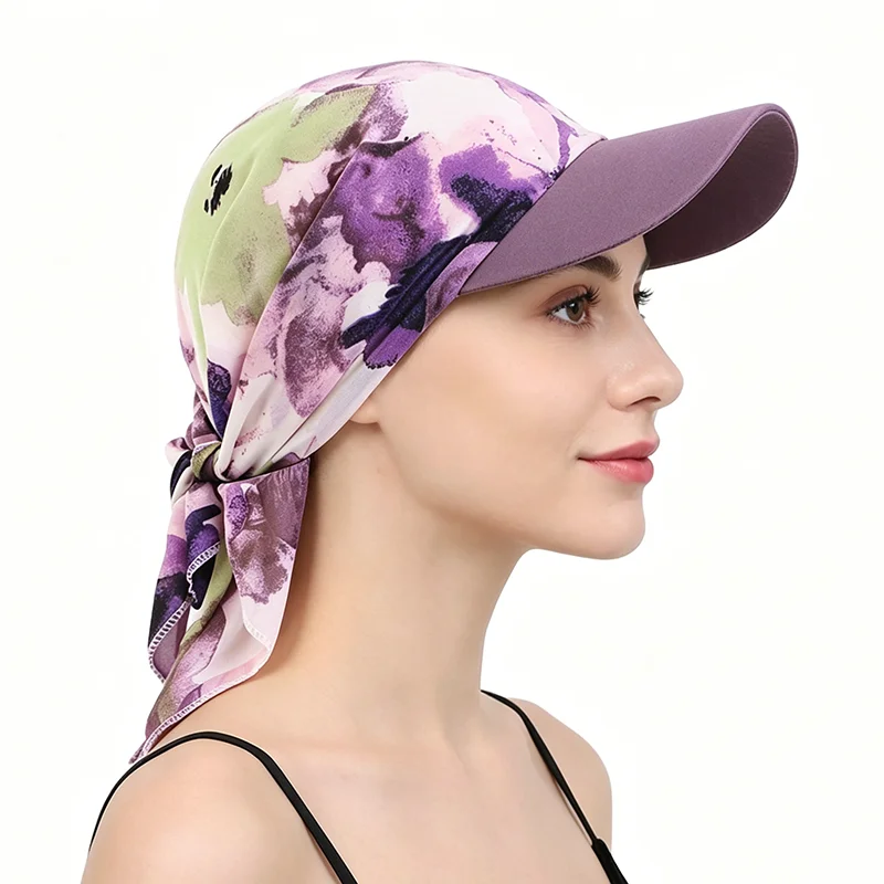 Women Print Hijab Caps Breathable and lightweight chiffon duck tongue scarf hat Baseball Caps Pre-Tied Outdoor Hat sun hat