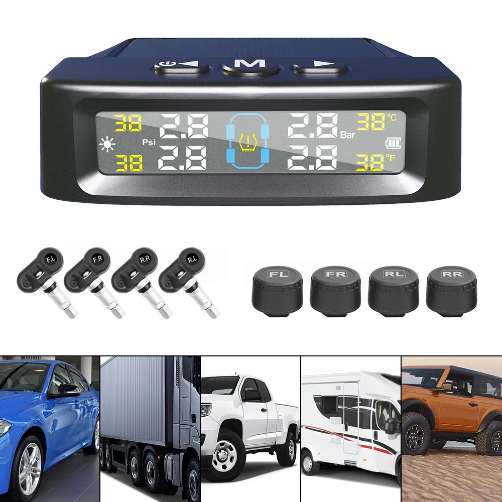 

Tire Pressure Monitoring System Car Tyre Pressure Monitor Temperature Warning Fuel Save Solar TPMS With 4 External Sensors
