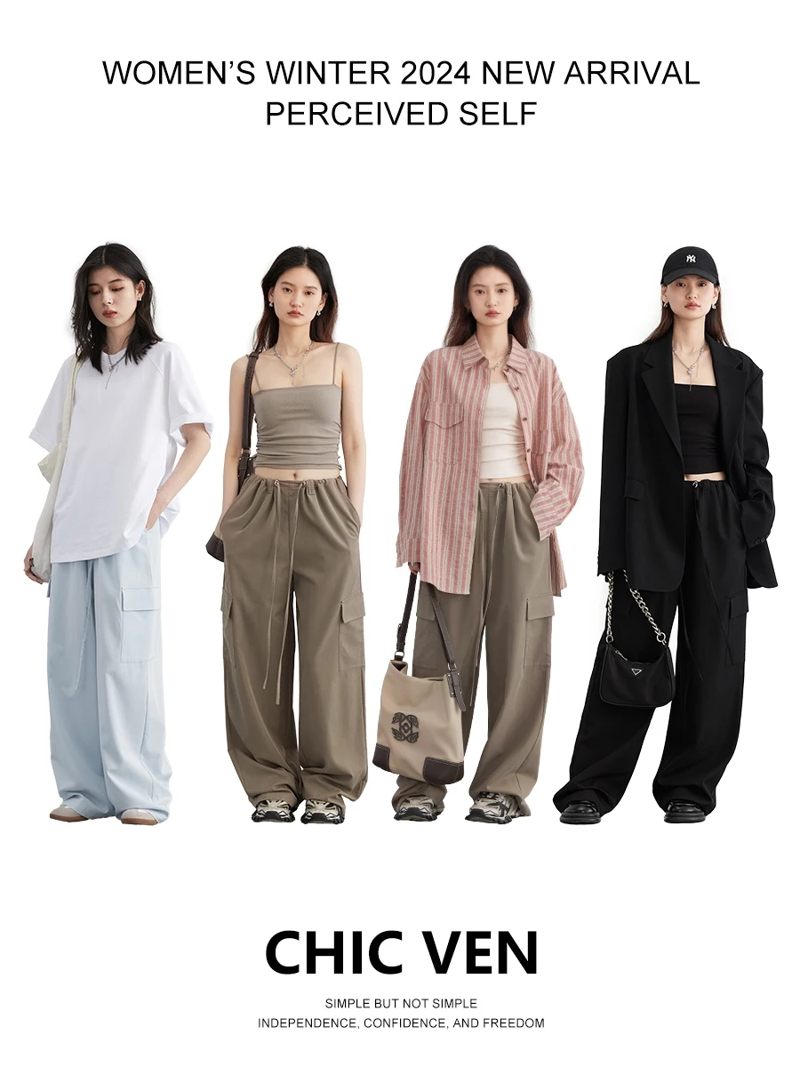 CHIC VEN Women Pants Loose High Waist Drawstring Straight Tube Workwear Casual Female Trousers Sports Spring Summer 2024