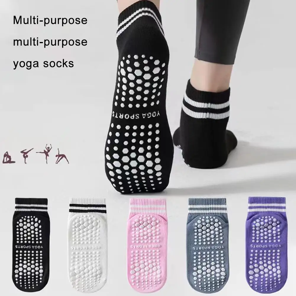 1Pair Grip Socks For Women Non Slip Pilates Yoga Socks With Double Stripes Men Workout Ballet Sports Fitness Athletic Socks F9L7