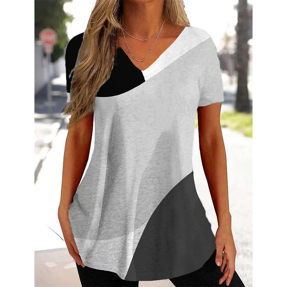 Nowa damska koszulka z nadrukiem krzywizny, dekolt w serek, modna odzież uliczna, damska odzież codzienna, letnia koszulka z krótkim rękawem, wkładana przez głowę dla kobiet.
