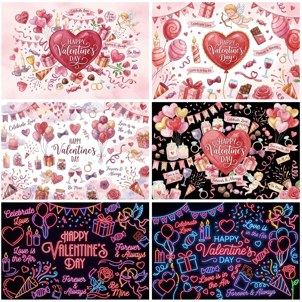 

MOON.QG Valentine's Day Neon Light Backdrop Heart Flower Balloon Background Girl Love Birthday Photocall Decor Photozone Wall