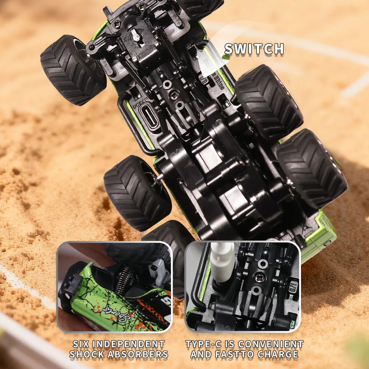 1: 64 mini zdalnie sterowany pojazd terenowy, wykonany ze stopu metalu, z efektami świetlnymi, regulowaną prędkością i amortyzowaną podwoziem