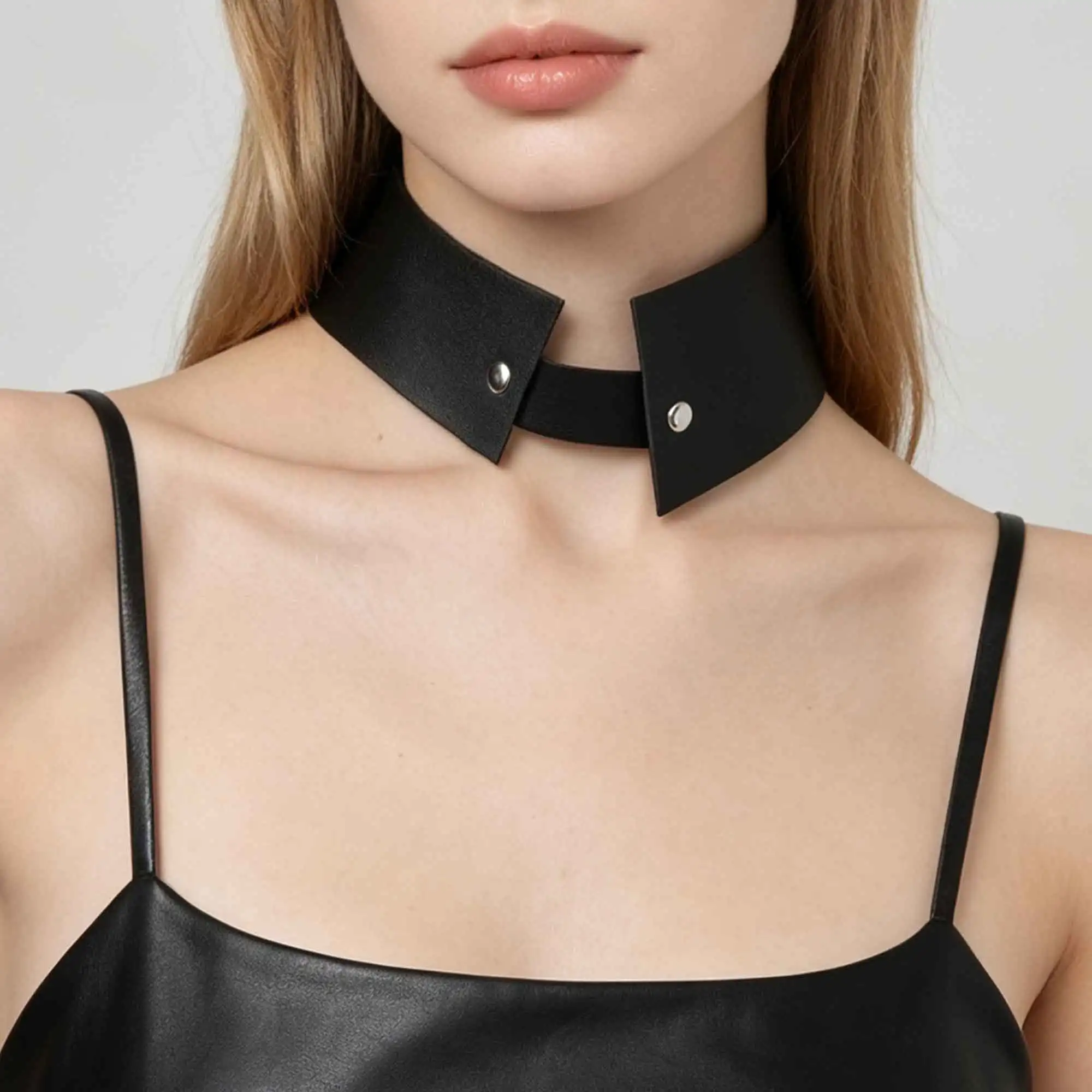 Marliwoo PU Leather Wide Choker Necklace Metal Snap Button Decor Adjustable Punk Cosplay Party Women Neck Jewelry