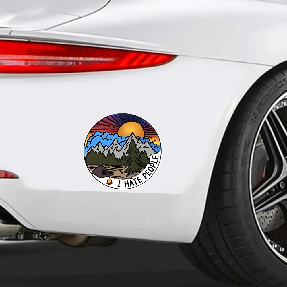 ملصق فينيل I Hate People مقاس 11 × 11 سم - ملصق ذاتي اللصق مع تصميم غروب الشمس الجبلي لأجهزة الكمبيوتر المحمول والسيارة والشاحنة والدراجات النارية