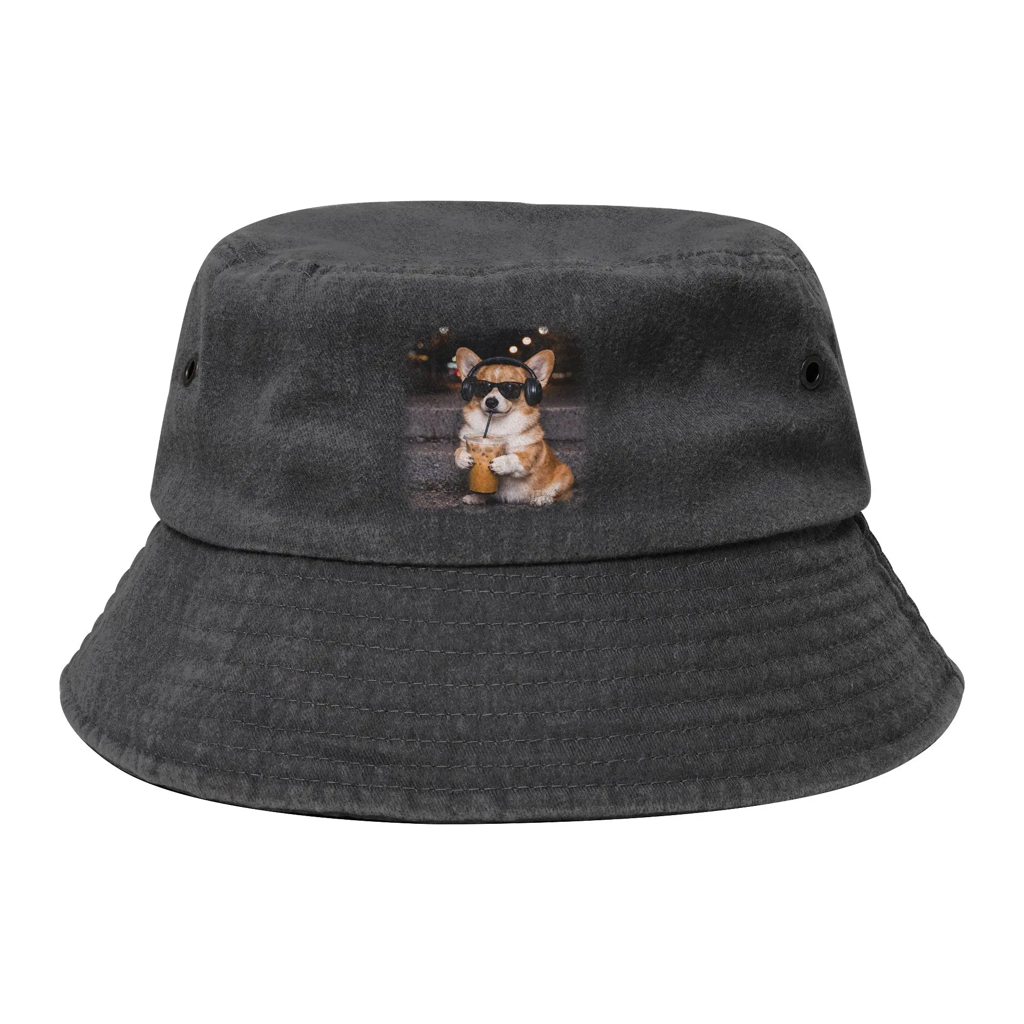 Women Men Distressed Cotton Bucket Hats Corgi Drinking Iced Coffee Lover  Camping Fisherman Cap Funny Meme Bob Gifts Idea