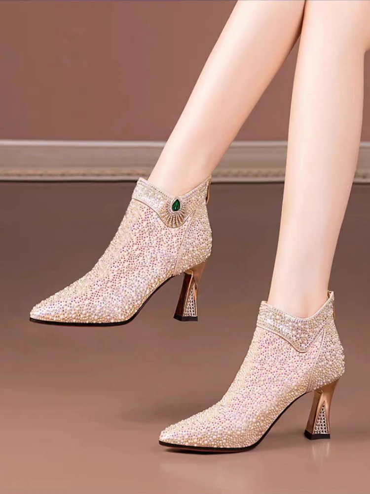 الصوف مبطن امرأة أحذية قصيرة حجر الراين الدافئة مثير حذاء من الجلد للنساء القوطي جودة عالية بيع على العرض الجديد في Y2k بو الجوارب #2