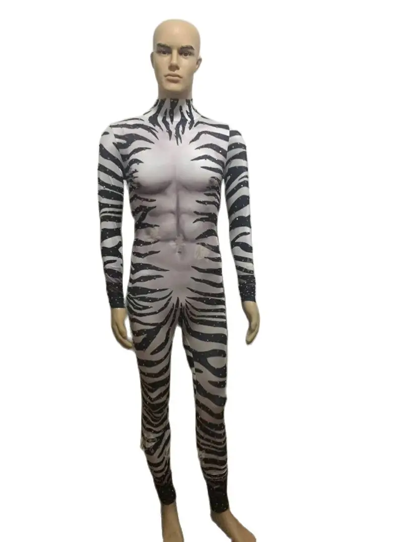 Damski Nowy Seksowny Kombinezon w Paski Zebra z Elastyczną Gumką, Błyszczące Kryształki, Obcisłe Rampersy, Kostiumy na Występ, do Klubu Nocnego, dla Piosenkarki