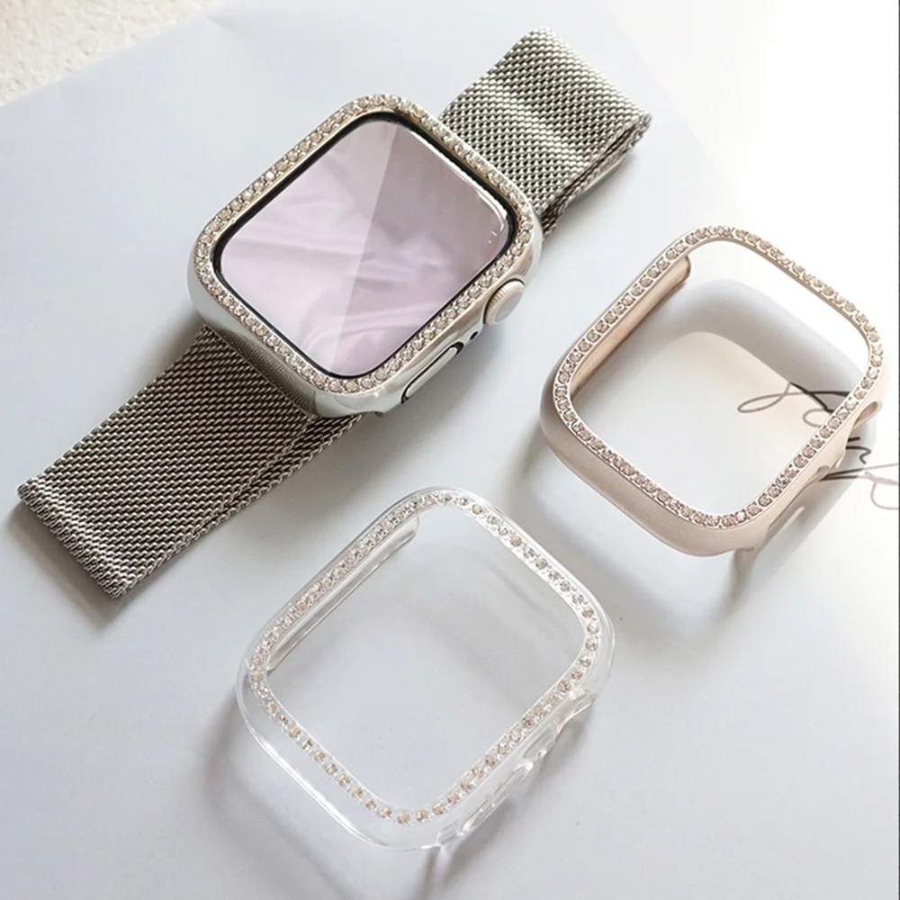 جديد الزجاج + الماس الحال بالنسبة لساعة أبل سلسلة 10 9 8 7 6 5 4 se 46 مللي متر 42 44 مللي متر-40-41-45 مللي متر بلينغ الوفير حامي الشاشة اكسسوارات