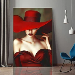 Red hat and dress for lady 5D DIY Diamond Painting Full Rhinestone Drill Mosaic Picture Embroidery Elegant Women Portrait Decor